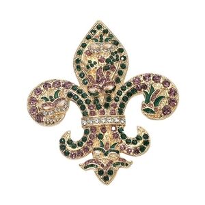 Gold Fleur De Lis Brooch Pin Green & Purple Crystal Rhinestone Statement